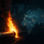 A composite digital illustration showing global sabotage threats, featuring burning infrastructure, cyberattack visuals, oil pipelines, power grids, and symbolic explosions, representing the worldwide rise of sabotage activities.