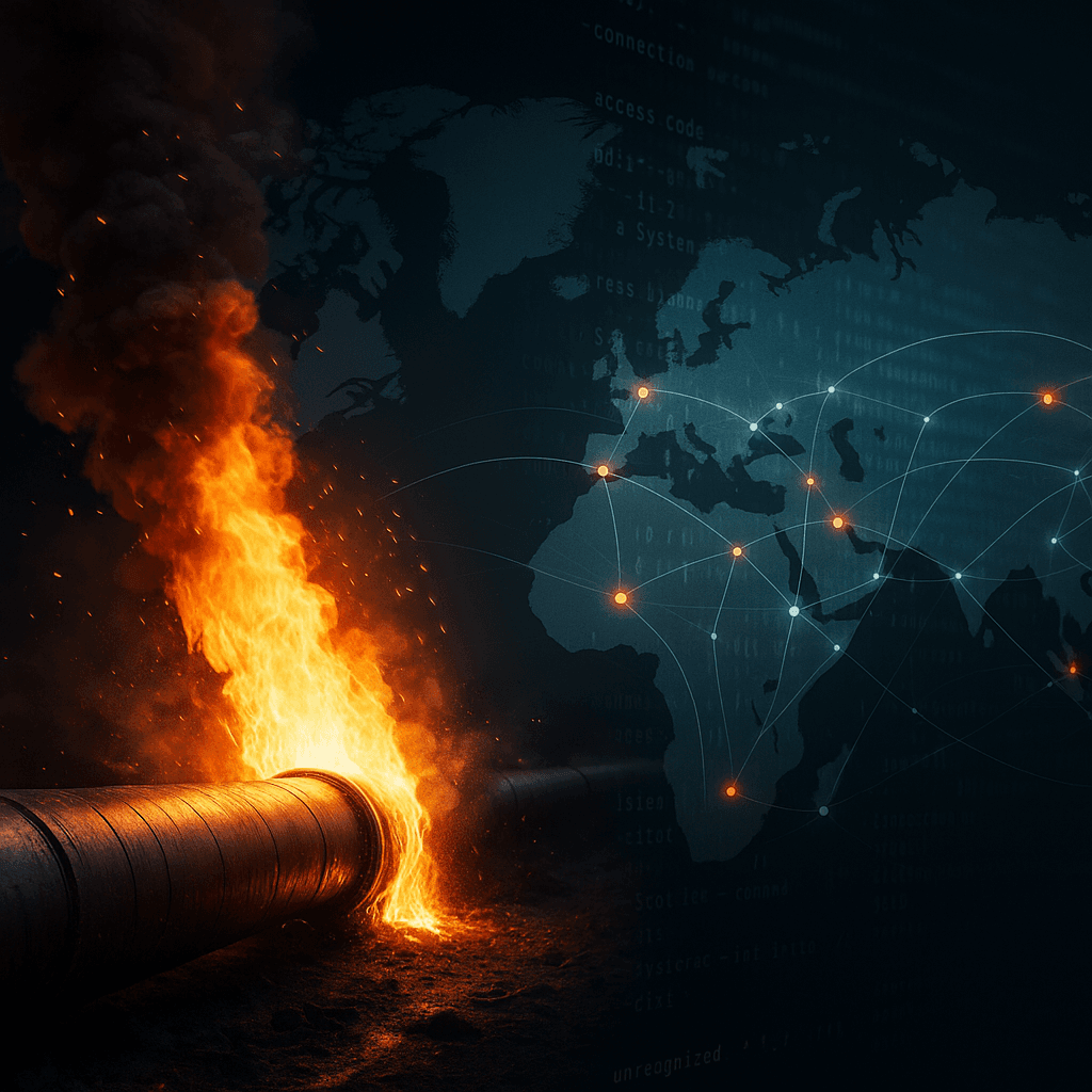 A composite digital illustration showing global sabotage threats, featuring burning infrastructure, cyberattack visuals, oil pipelines, power grids, and symbolic explosions, representing the worldwide rise of sabotage activities.