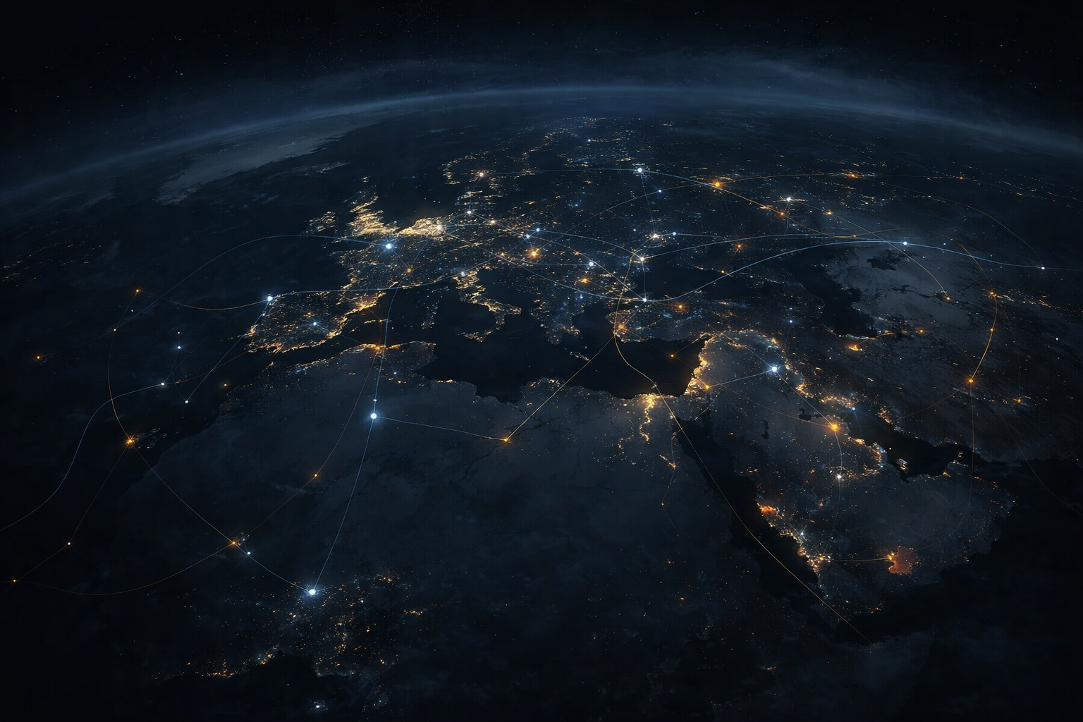 Satellite-style view of Europe, North Africa, and the Middle East showing interconnected infrastructure and communication networks with subtle disruptions illustrating gray-zone competition.