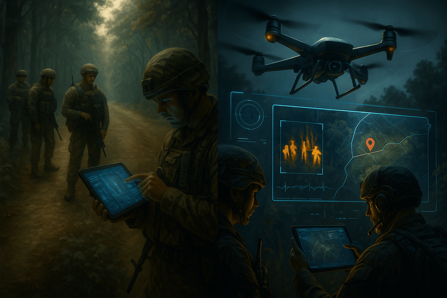 Split-scene image: modern patrol views a tablet while a drone ISR feed with thermal thumbnail and map overlay appears, illustrating how drones and surveillance aid detection and counter-ambush operations.