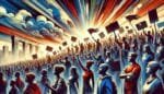 A stylized illustration of a large protest with crowds of demonstrators holding signs and flags, set against a dramatic sky with beams of light and bold colors symbolizing energy, unity, and resistance.