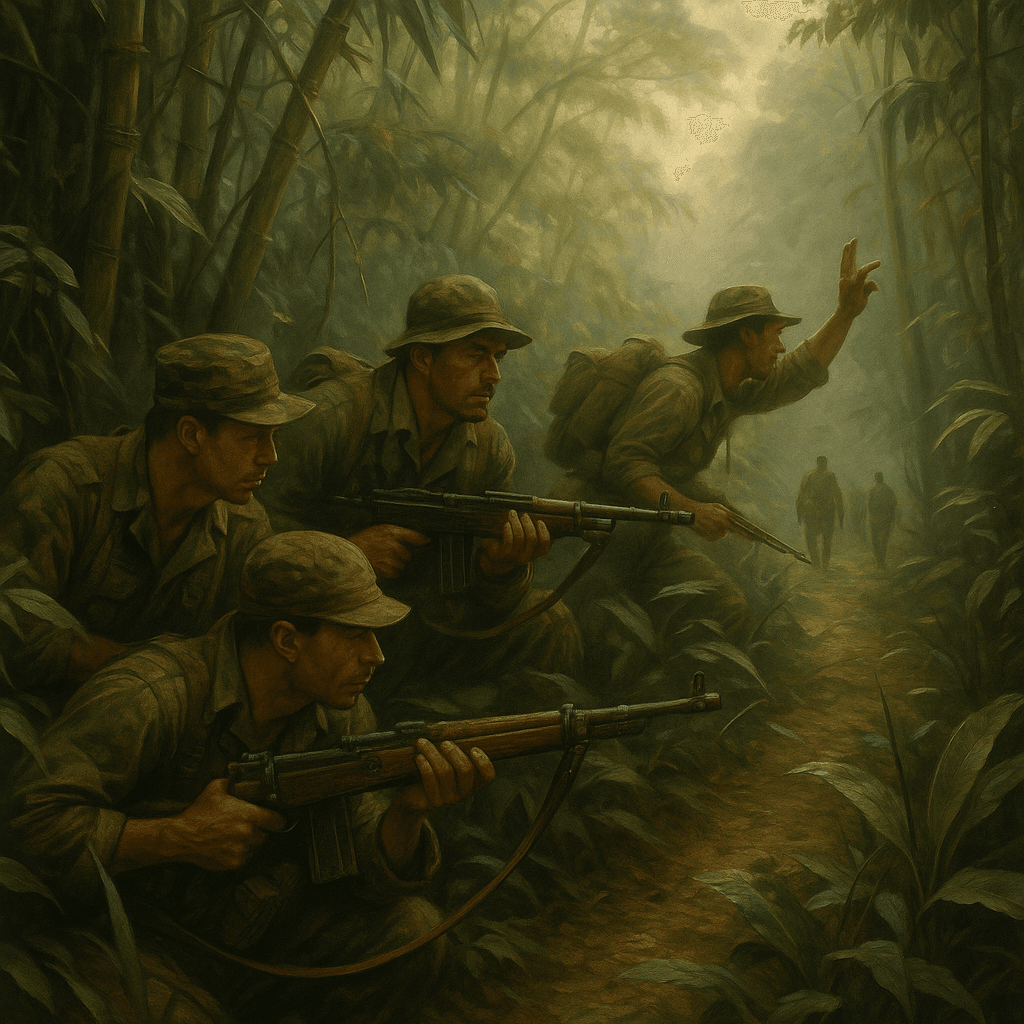 Allied guerrilla fighters prepare an ambush in the Burmese jungle during World War II, demonstrating classic irregular warfare tactics.