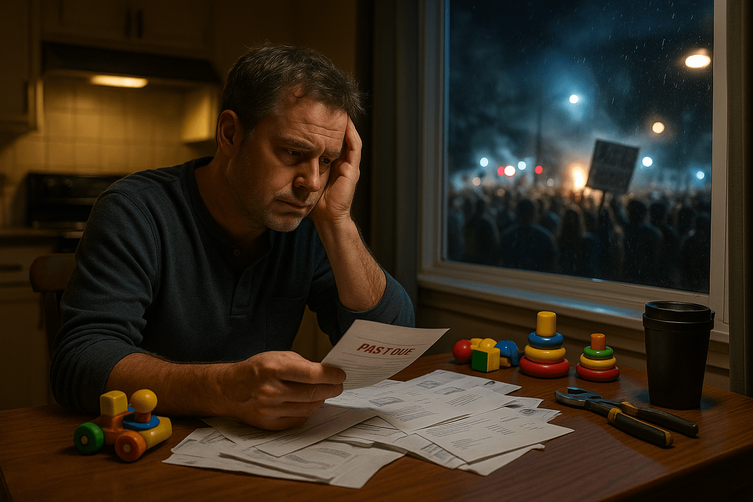 A middle-aged person sits alone at a kitchen table at night, surrounded by bills, toys, and work papers, while a blurred protest is visible through the window outside.