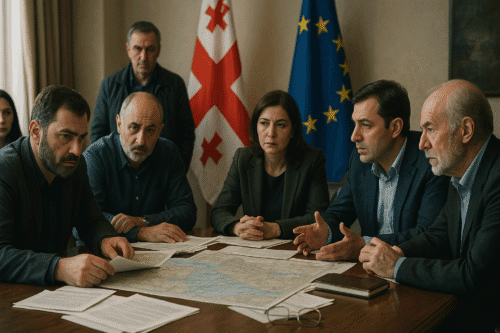 Georgian opposition leaders meeting around a large wooden table with maps and documents, Georgian and EU flags in the background.