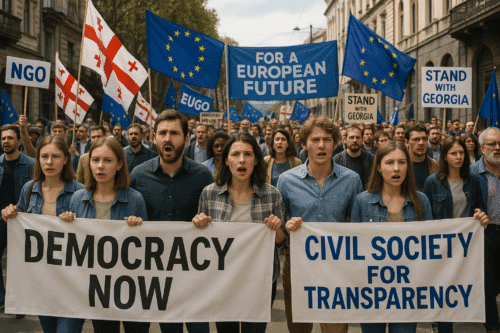 Protest in Tbilisi, Georgia, led by young activists and NGO members holding banners for democracy and transparency, with Georgian and EU flags in the background.