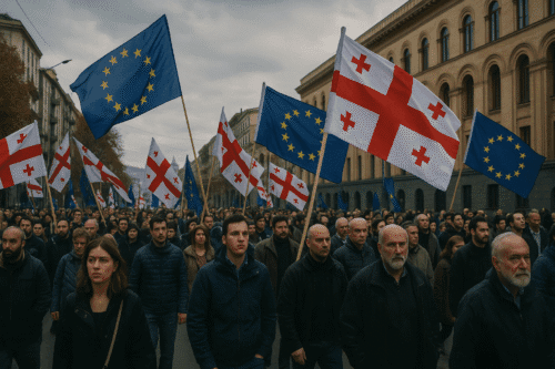Pro-European Union march in Tbilisi, Georgia, with demonstrators carrying Georgian and EU flags under an overcast sky.