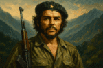 Oil painting of Che Guevara in olive green fatigues and a beret with a star, holding a rifle against the backdrop of the Sierra Maestra mountains.