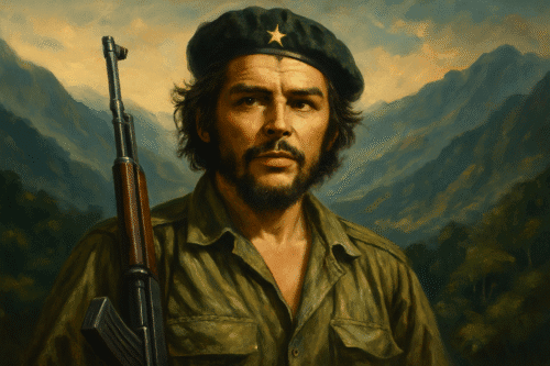 Oil painting of Che Guevara in olive green fatigues and a beret with a star, holding a rifle against the backdrop of the Sierra Maestra mountains.