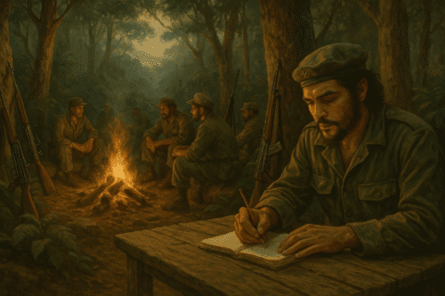 Oil painting of a guerrilla camp in the Cuban mountains, with Che Guevara writing at a wooden table while fighters sit around a campfire, rifles leaning against nearby trees.