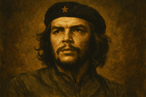 Oil painting of Che Guevara in olive green fatigues and a beret with a star, holding a rifle against the backdrop of the Sierra Maestra mountains.