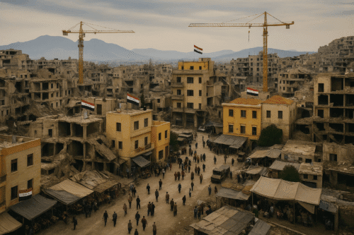 Aerial view of a Syrian city with damaged and rebuilt buildings, cranes for reconstruction, Syrian flags on rooftops, and people walking through a market street, with mountains in the background.