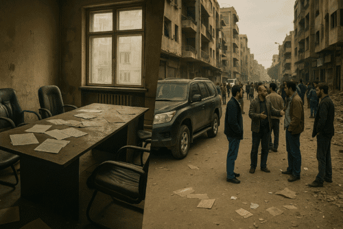 Composite image showing an abandoned office with empty chairs and scattered papers on the left, contrasted with a damaged urban street where civilians gather and talk on the right.