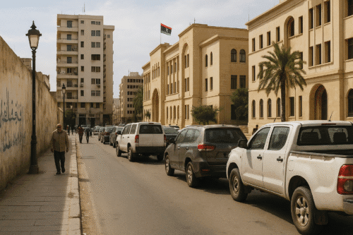 Street scene in Tripoli, Libya, with government buildings, parked vehicles, pedestrians walking, and a Libyan flag flying atop a building.