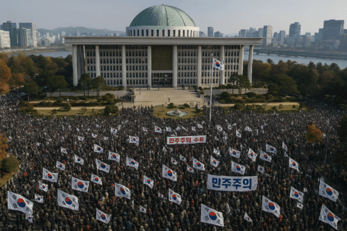 Aerial view of the National Assembly building in Seoul, South Korea, with thousands of protesters holding South Korean flags and banners gathered in front of it, city skyline and Han River visible in the background.