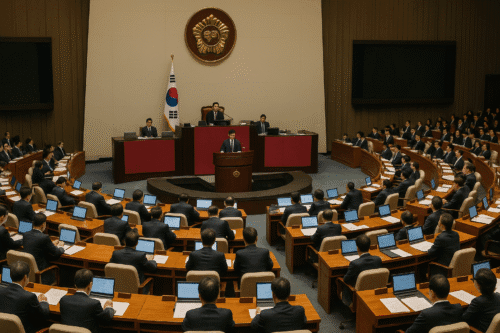 Interior of the South Korean National Assembly chamber during a formal session, with lawmakers seated at desks, one speaking at the podium, and the South Korean flag and national emblem displayed in the background.