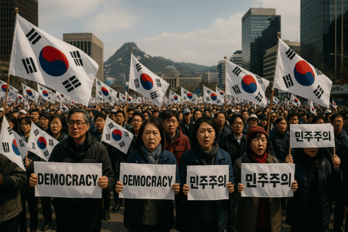 Interior of the South Korean National Assembly chamber during a formal session, with lawmakers seated at desks, one speaking at the podium, and the South Korean flag and national emblem displayed in the background.