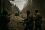 Cold War–era scene showing three armed partisans crouched at the edge of a forested dirt road in spring, watching a convoy of Soviet-style military trucks approach in the distance under muted, overcast light.