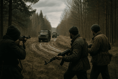 Cold War–era scene showing three armed partisans crouched at the edge of a forested dirt road in spring, watching a convoy of Soviet-style military trucks approach in the distance under muted, overcast light.