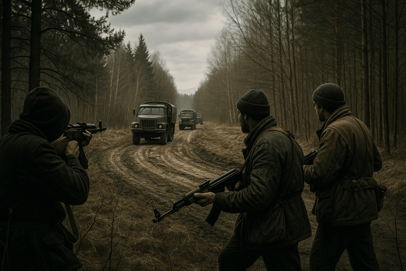Cold War–era scene showing three armed partisans crouched at the edge of a forested dirt road in spring, watching a convoy of Soviet-style military trucks approach in the distance under muted, overcast light.
