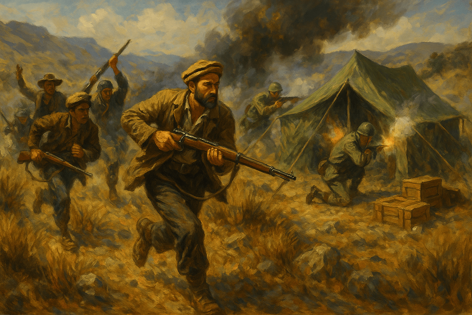 A painting depicting guerrilla fighters launching an assault on a military camp, with armed men charging forward as soldiers take cover and return fire near a burning tent in a rugged mountainous landscape.