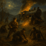A wartime painting depicting partisans sabotaging a railway at night, with a derailed and burning steam locomotive in the background, armed resistance fighters working with explosives in the foreground, and a full moon casting light over the scene.