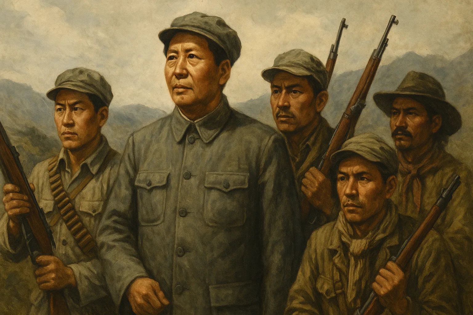 A historical painting of Mao Zedong standing with armed guerrilla fighters in military uniforms, set against a mountainous backdrop, symbolizing leadership during the Chinese revolutionary struggle.