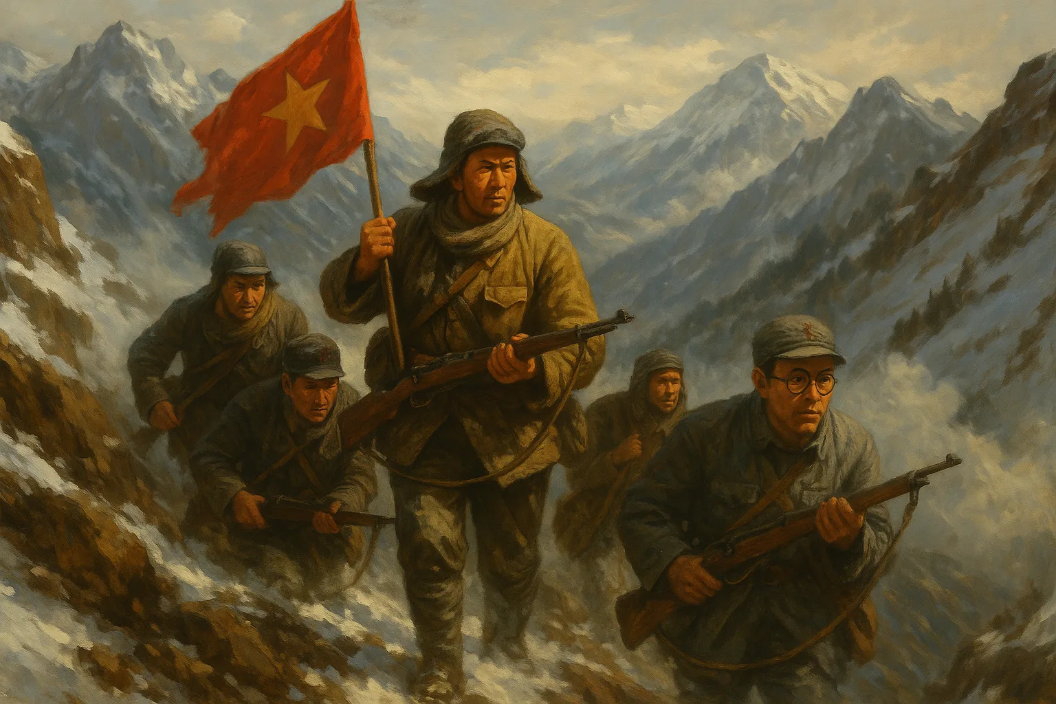 Chinese Red Army soldiers in field caps advance up a snow-dusted mountain pass during the Long March, one carrying a red flag with a gold star, the others armed with bolt-action rifles.