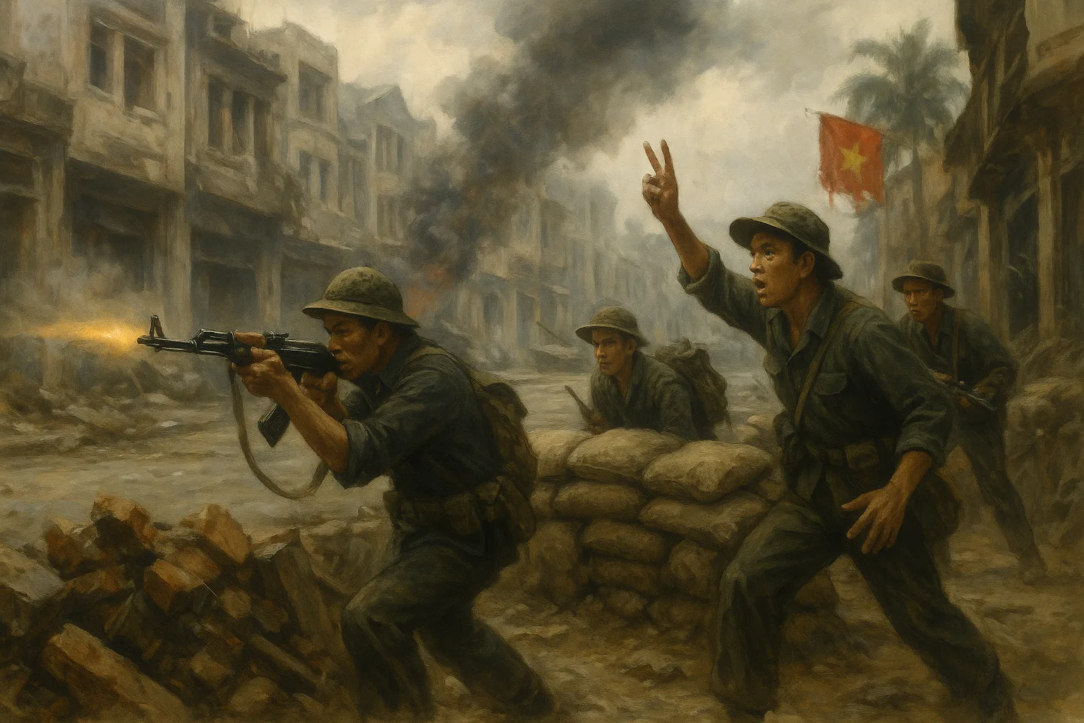 North Vietnamese soldiers in pith helmets take cover behind sandbags in a smoke-filled city street during the 1968 Tet Offensive, one firing an assault rifle while another signals his unit, the red flag of North Vietnam visible on a building behind them.