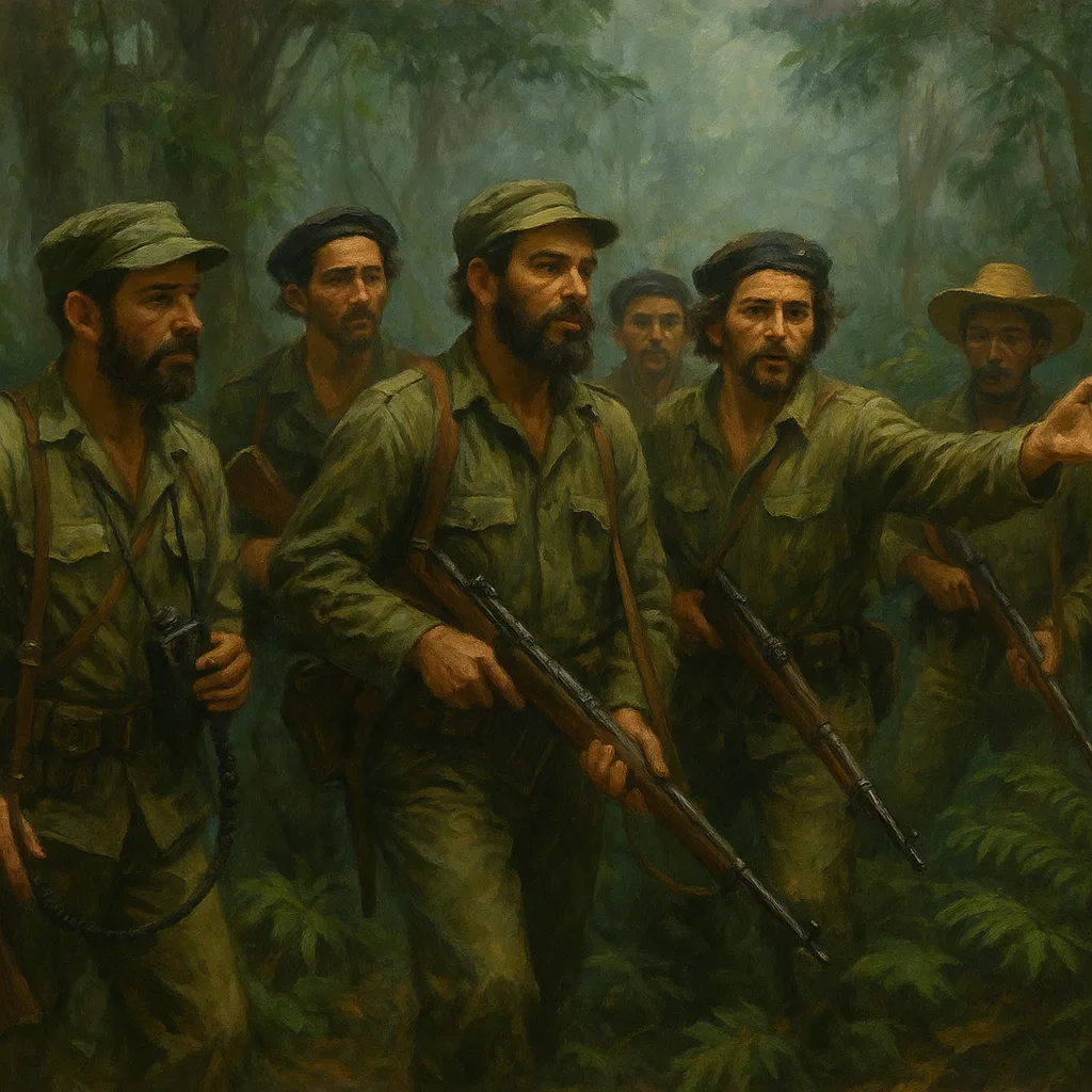 Bearded Cuban revolutionaries in olive green fatigues and field caps move through misty jungle in the Sierra Maestra mountains, armed with bolt-action rifles and guided by a campesino in a straw hat, during the guerrilla campaign against the Batista regime.