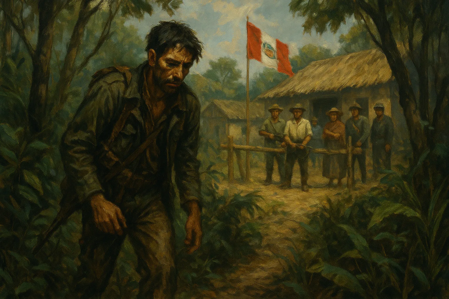 A bearded, weary armed fighter in olive fatigues slips alone through dense Peruvian jungle, away from a village outpost in the background where armed defenders in field caps stand guard under the red and white flag of Peru.