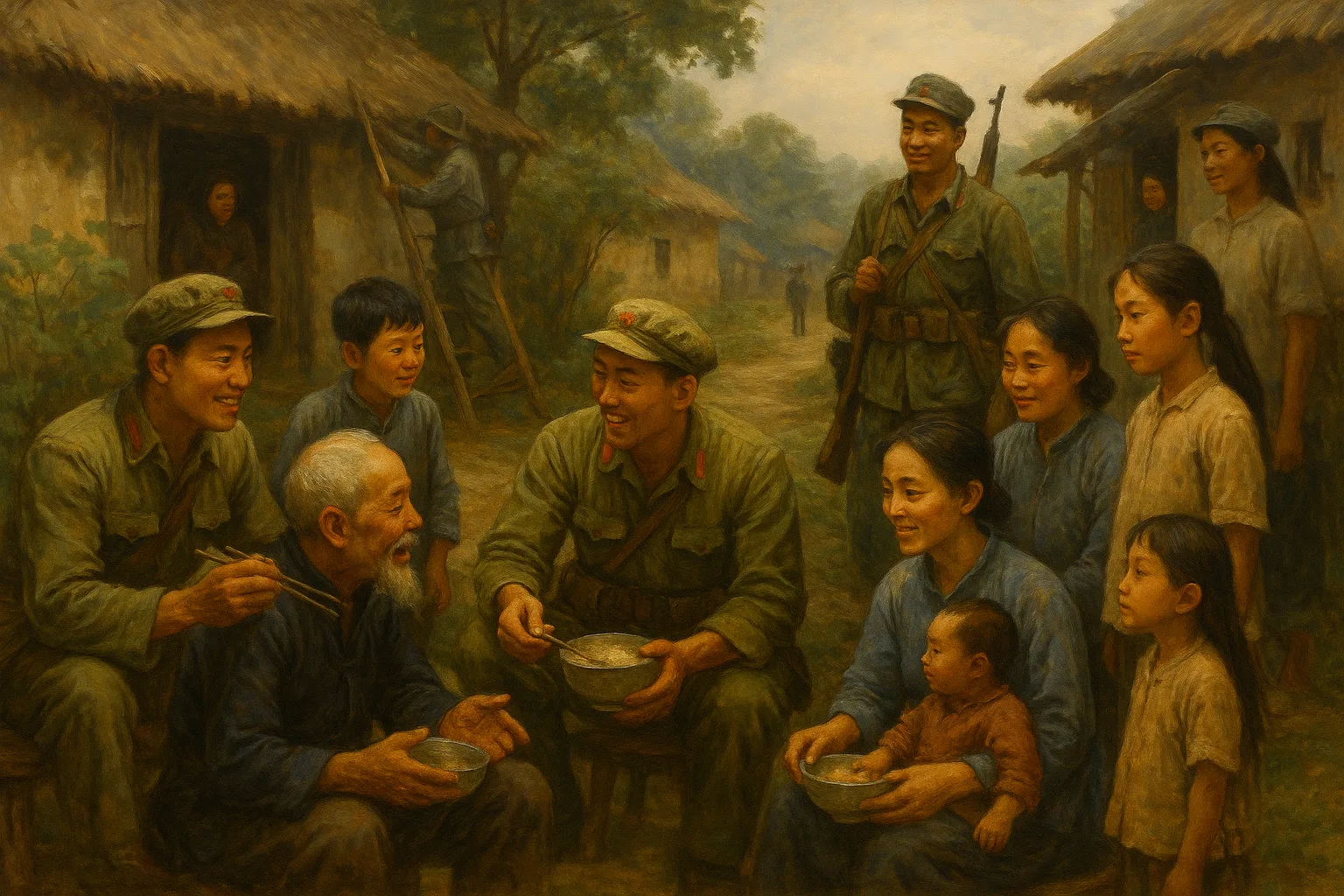 Chinese Red Army soldiers in green uniforms and red-starred field caps share a meal with villagers in a rural courtyard, one offering a bowl of rice to an elderly bearded man while a mother holds her infant nearby and another soldier works on a nearby building.