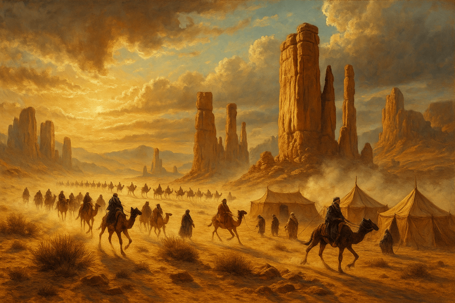 A cinematic desert scene at sunrise or sunset, painted in rich, warm tones. A long column of camel riders moves in formation across sandy terrain, raising trails of dust. Towering red rock spires dominate the background under a dramatic, cloud-filled sky. In the foreground, nomadic tents are pitched, and figures in traditional robes tend to camp activities. The light catches both the rock formations and the riders, creating a sense of depth and movement in the vast desert landscape.