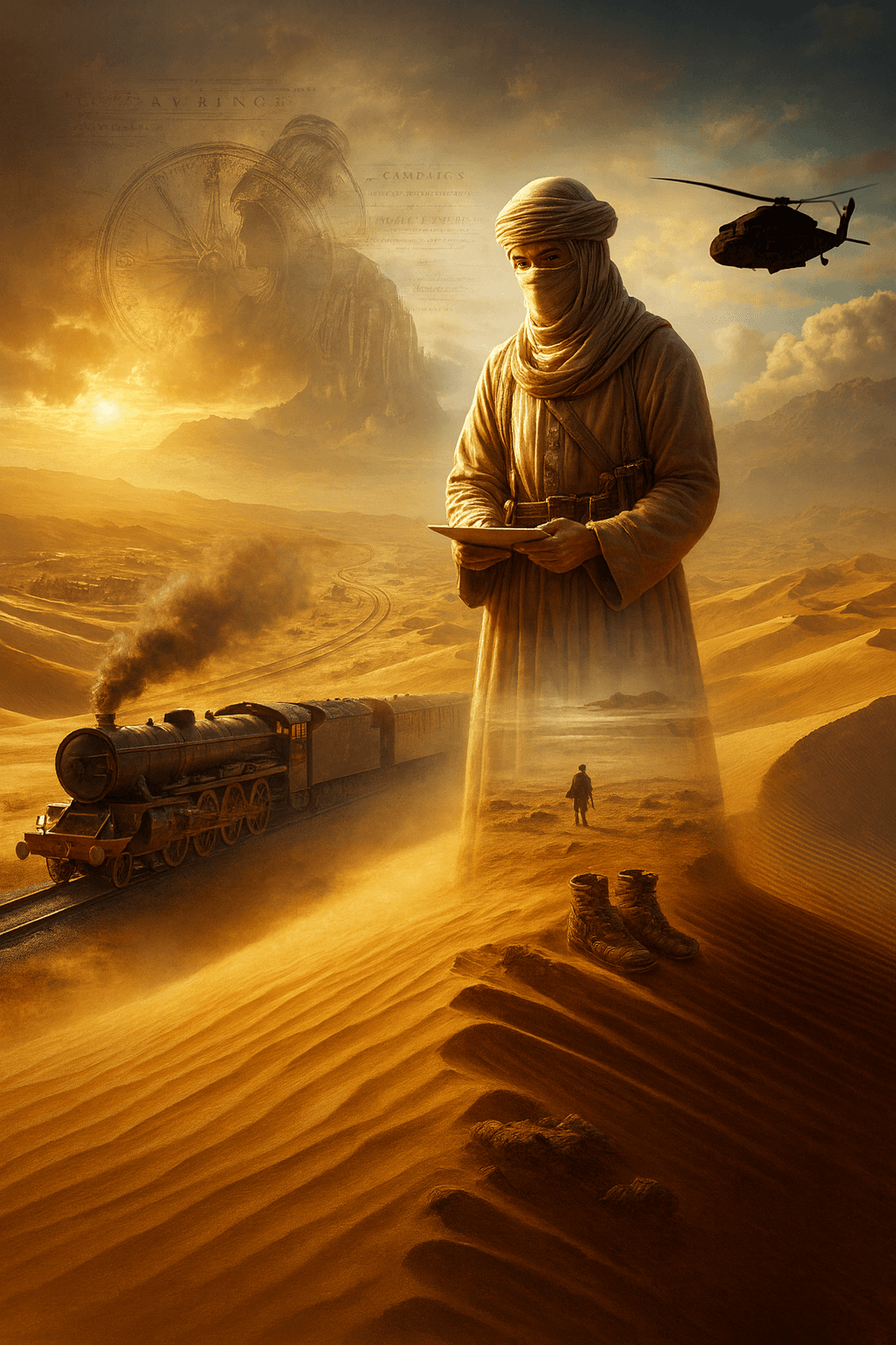 A digital composite artwork shows a towering, robed figure in Middle Eastern desert garb holding a book or map, partially transparent to reveal a desert landscape within his silhouette. A steam locomotive travels through the dunes in the lower left, while a lone figure walks toward a pair of empty boots in the sand. A black helicopter hovers in the sky, and faint sepia-toned historical imagery overlays the upper background, blending past and present in a dreamlike composition.
