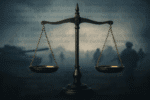 Scales of justice over battlefield with Geneva Conventions text, symbolizing International Humanitarian Law in armed conflicts.