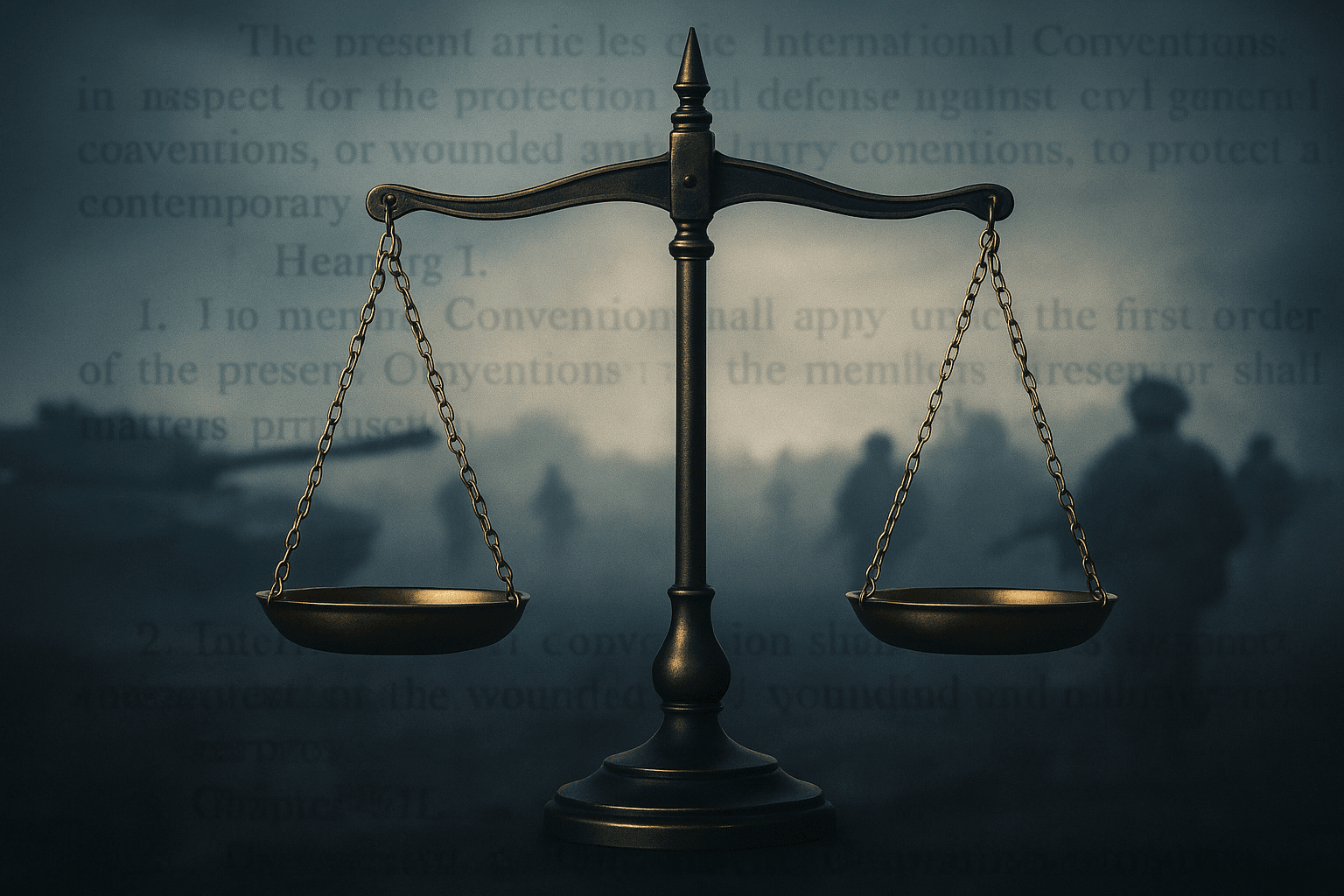 Scales of justice over battlefield with Geneva Conventions text, symbolizing International Humanitarian Law in armed conflicts.