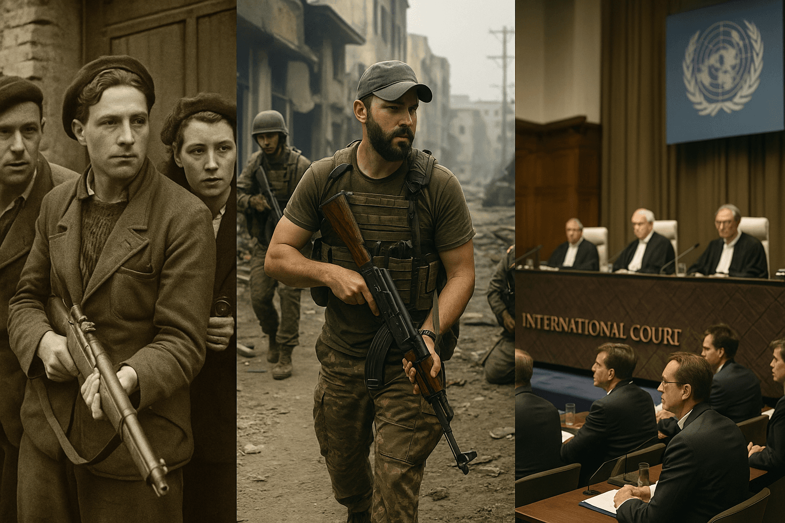 Montage of French Resistance fighters, modern irregular combatants in urban warfare, and an international courtroom under IHL.