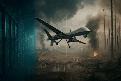 Composite image showing cyber warfare code overlays, an armed drone with targeting interface, and war-related environmental damage under International Humanitarian Law.