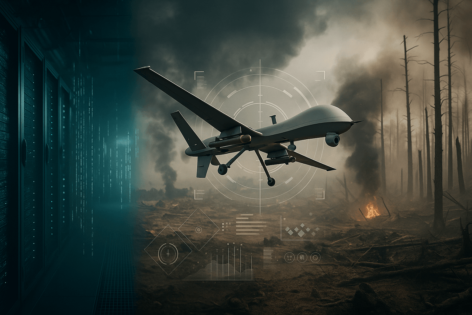 Composite image showing cyber warfare code overlays, an armed drone with targeting interface, and war-related environmental damage under International Humanitarian Law.