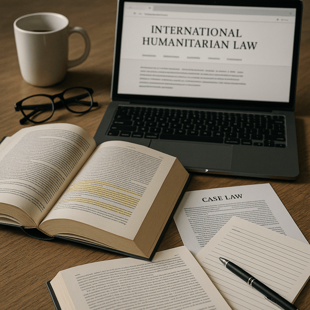 Desk with academic books, laptop showing International Humanitarian Law resources, and printed legal case documents.