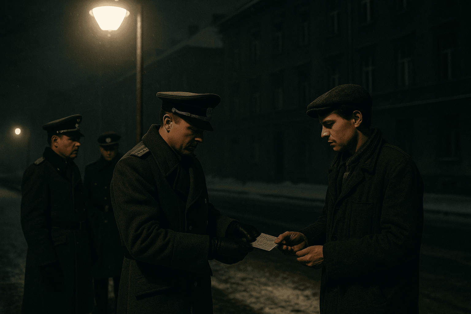 A Cold War-era street scene in East Germany at night, where uniformed officers examine a civilian’s identification papers beneath a harsh streetlight amid snow-covered pavement and dark, muted buildings, capturing the tense and watchful atmosphere of state surveillance.
