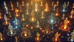 A digital illustration of interconnected human figures glowing in orange and blue tones, symbolizing a complex social or communication network with nodes and connections radiating across the image.