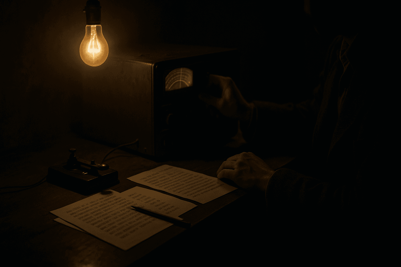 A cinematic mid-20th-century room illuminated by a single light bulb, showing vintage radio equipment and cipher papers on a wooden table—evoking the secrecy and tension of clandestine communication in wartime espionage.
