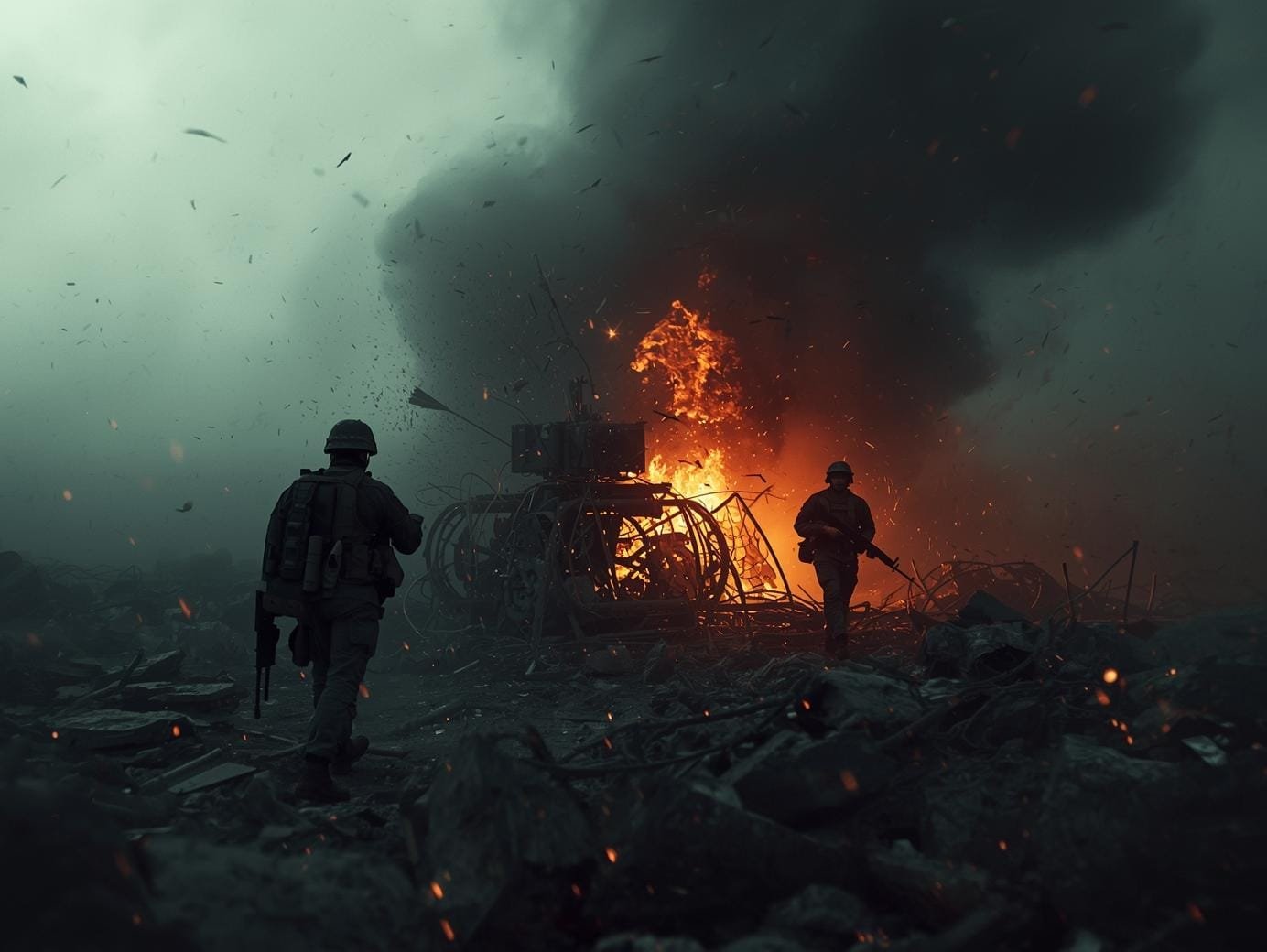 Two soldiers advance cautiously through debris toward a burning wreckage at night, flames and smoke rising into the dark sky after an explosion.