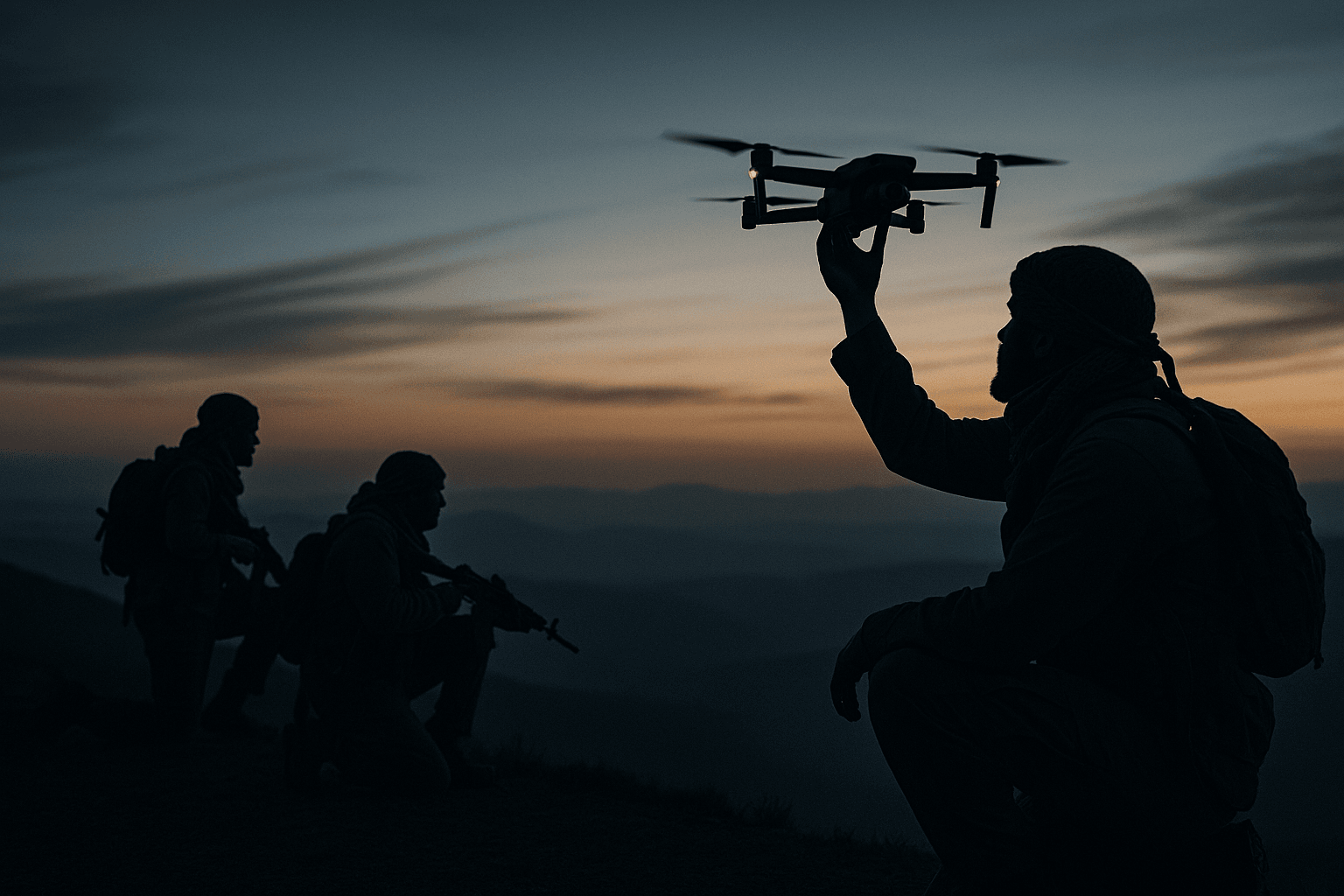 Three guerrilla fighters launch a small reconnaissance drone from a mountain ridge at twilight, their silhouettes outlined against the fading orange and blue sky as the drone ascends over distant valleys.