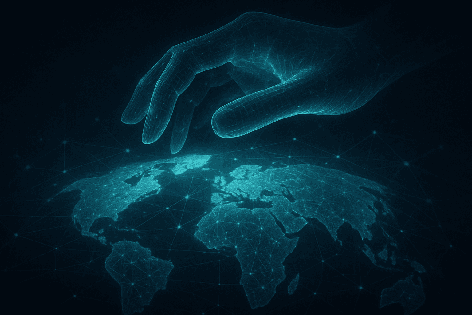 Digital translucent hand altering a holographic world map, symbolizing unseen influence operations across the globe.