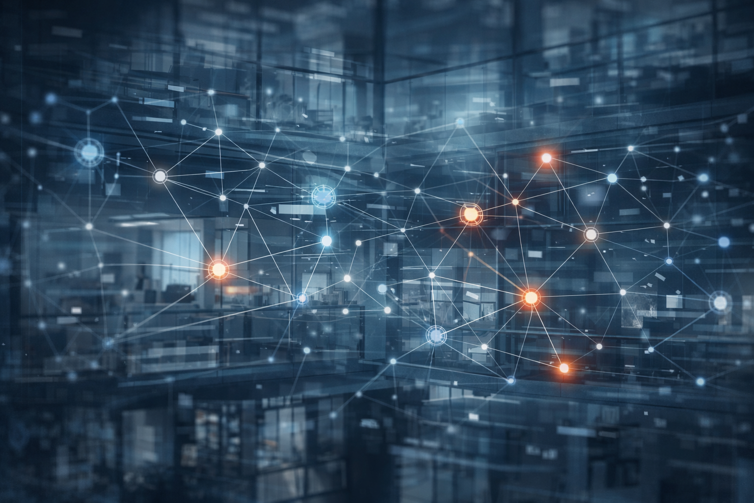 Digital visualization of interconnected network nodes overlaid on a modern institutional interior, symbolizing covert influence and internal system penetration portraying subversion in resistance movements.