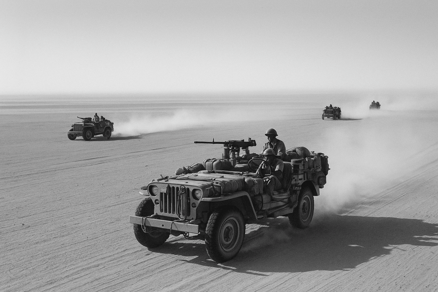 Long Range Desert Group patrol driving jeeps across the North African desert in 1942, vehicles kicking up dust trails under a clear sky.