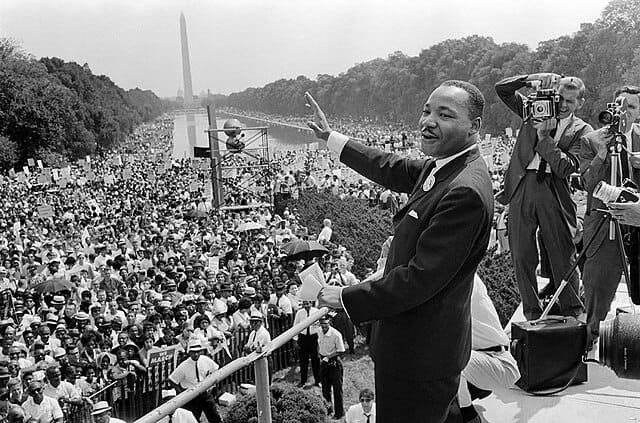 Martin Luther King Jr. speaking to a massive crowd during the 1963 March on Washington.