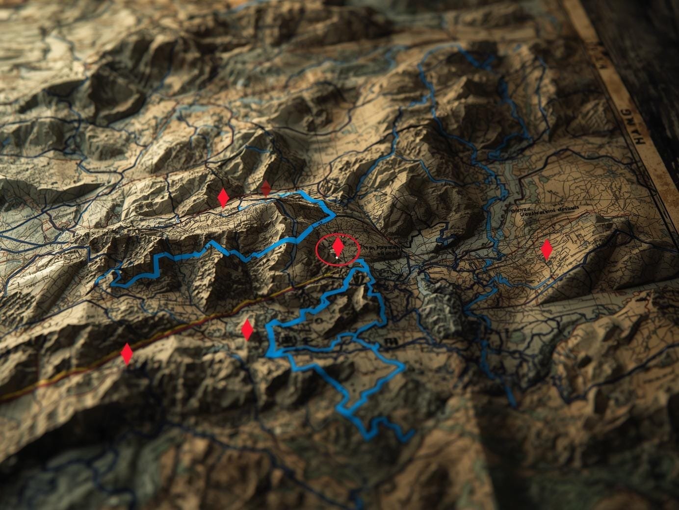 Close-up view of a topographic military map showing mountain terrain with marked routes, red symbols indicating enemy positions, and blue lines outlining reconnaissance boundaries.