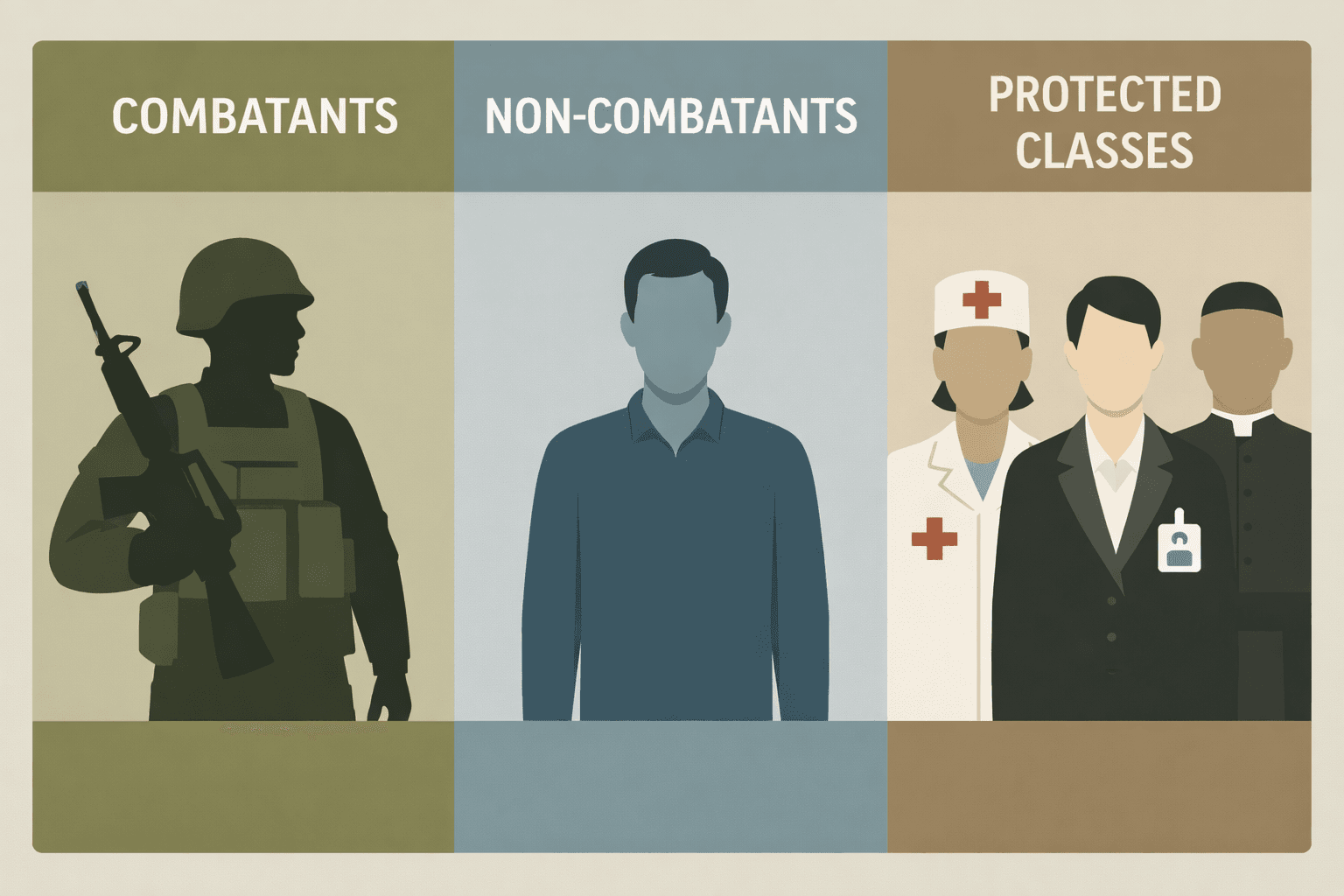 Infographic of IHL legal categories: combatants, non-combatants, and protected classes with representative icons.